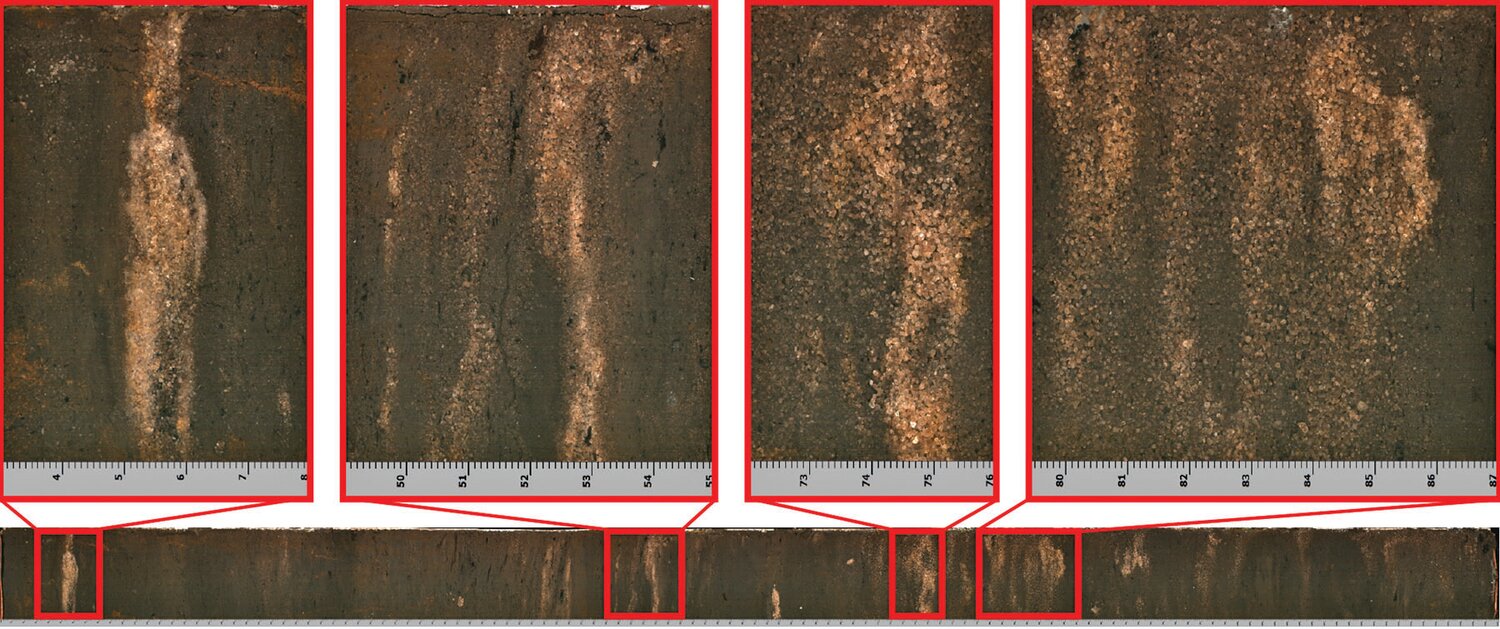 Four close-up images of a longer sediment core (bottom). The light coloring indicates coarser sand that likely occurred from overwash flooding during a previous hurricane. This is one of a few cores collected in northwest Florida by the USGS and partners to help understand past hurricane activity in the Gulf of Mexico and northern Atlantic Ocean. The figure was compiled by Jessica Rodysill, USGS. [Sources/Usage: Public Domain.]